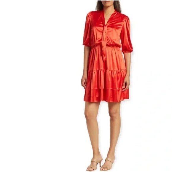 Nanette Lepore NEW womens tie neck satin dress BNWOT size 10 tiered mini - Picture 1 of 9